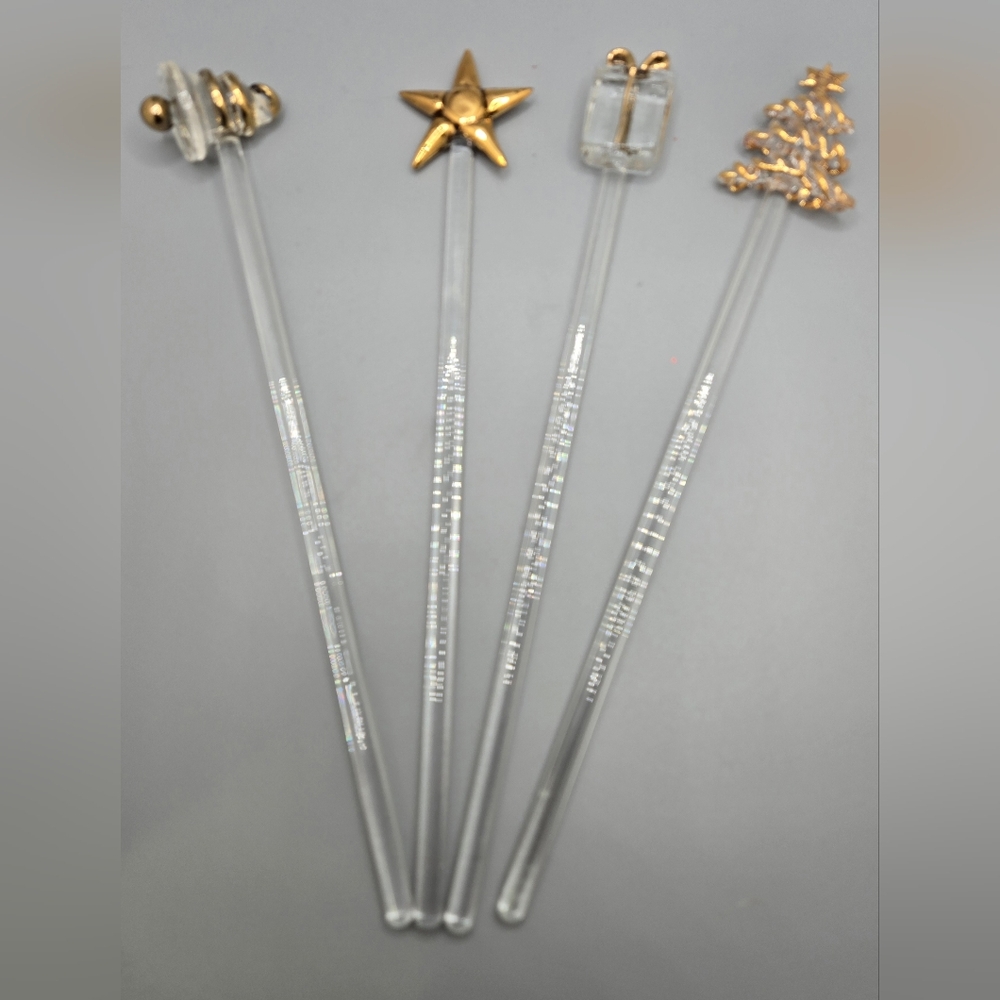 Glass Swizzle Sticks or Cocktail Stirrers Set of 4 Bell Star Gift Tree Christmas